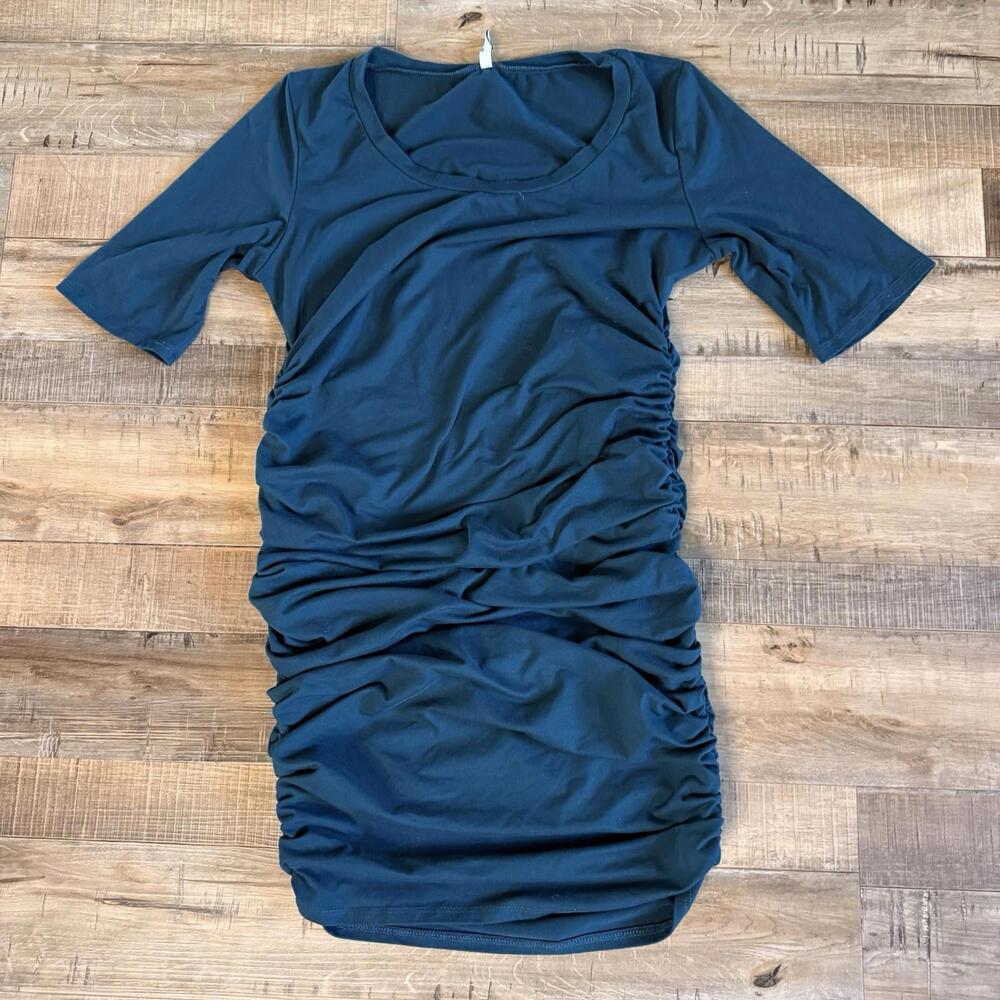 Mother Bee Blue/green midi Ruched Bodycon Dress Maternity M baby shower wedding - Picture 2 of 8